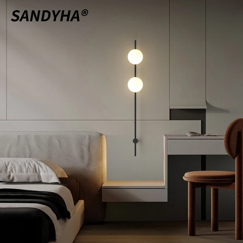 

SANDYHA Nordic All Copper Wall Lamp Long Pole Design Glass Ball Led Light Bedroom Bedside Lighting Living Room Decoration Home