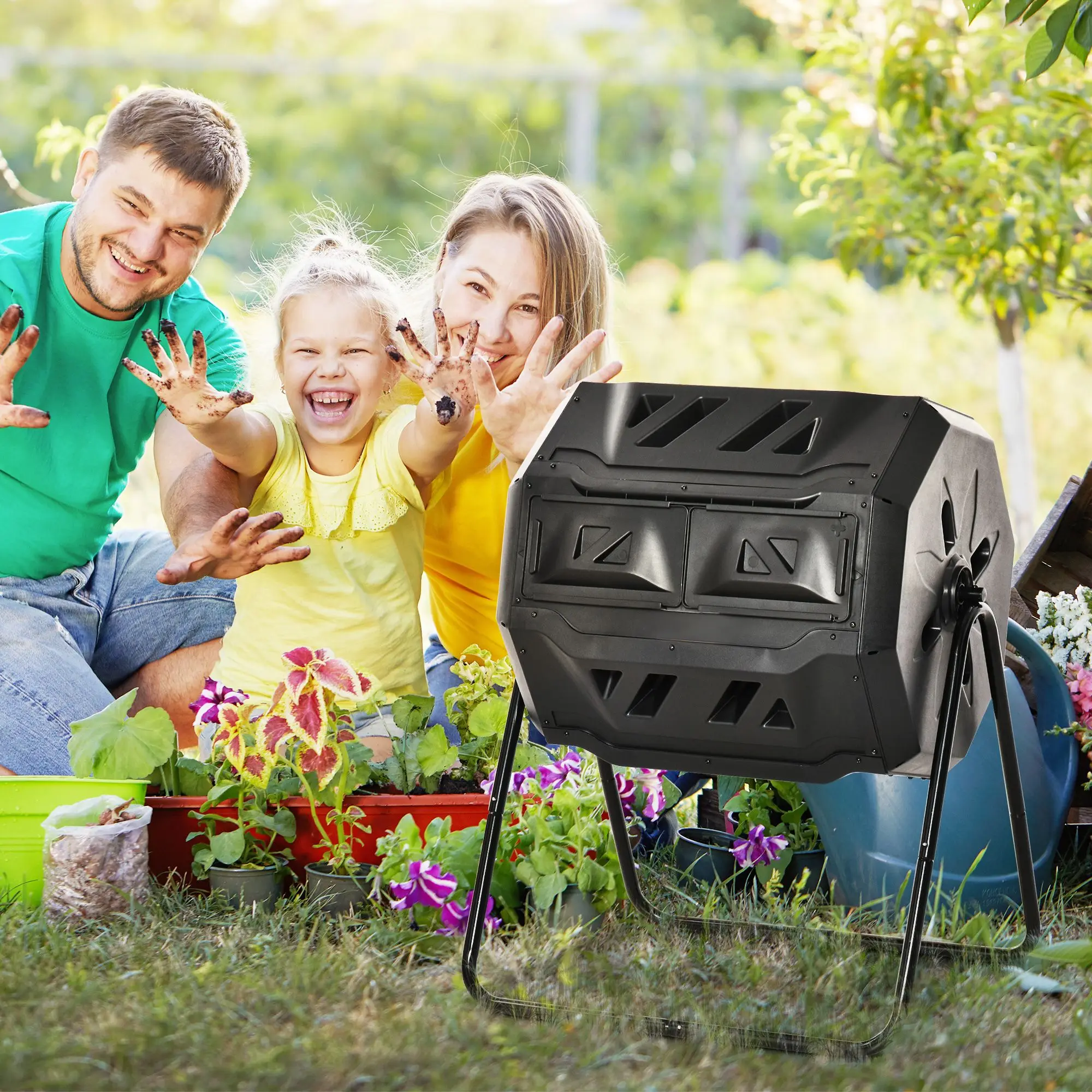 

Для Outsunny акробатический контейнер для компоста на открытом воздухе 360° ° Двухкамерный вращающийся композитор 43 галлона, черный
