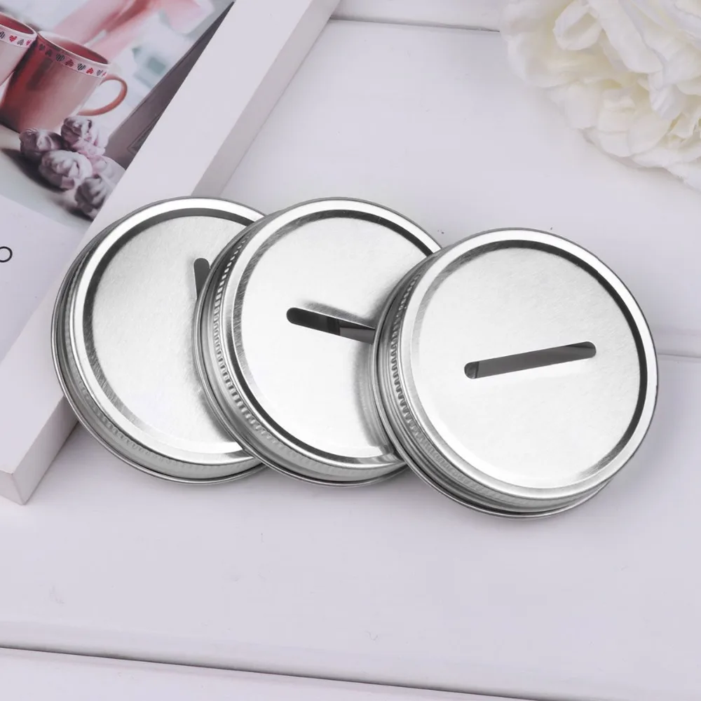 8pcs Coin Slot Piggy Bank Lids Stainless Steel Metal Cap Covers 70mm Mason Jars Storage Ball Canning Jars Slotted Inserts Caps