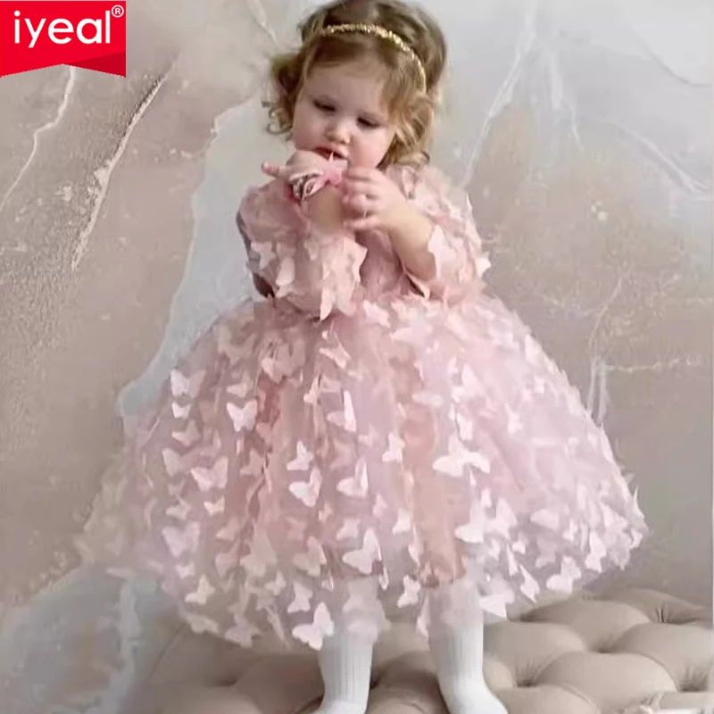 IYEAL Children Pink Butterfly Dresses Princess Flower Girl Tulle Puffy Appliques For Wedding Birthday Party First Communion Gown