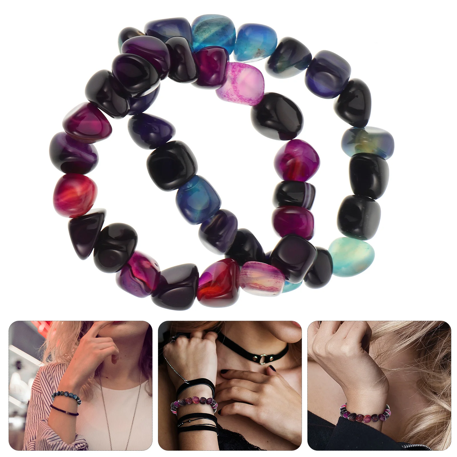 

2 Pcs Multicolor Agate Bracelet Beaded Fashionable Gemstone Hand Rope Decoration Lightweight
