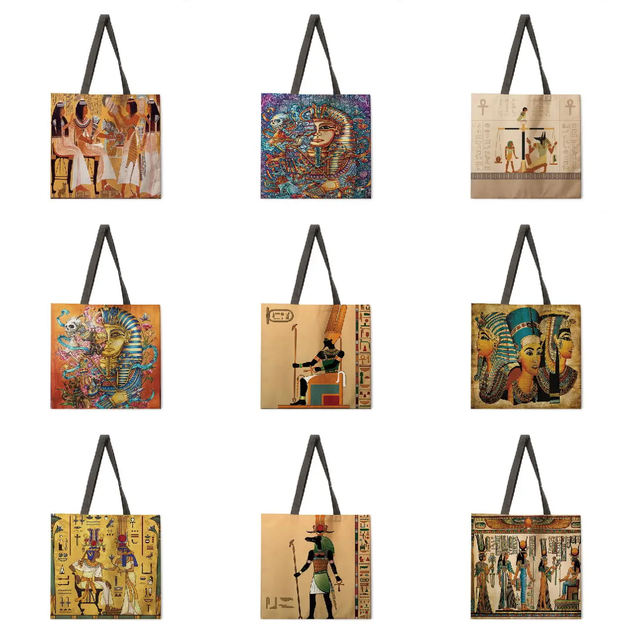 Ladies Bag Fashion Egyptian Mural Print Shoulder Shopping Bag Casual Ladies Bag Large Capacity Linen Tote Bag Handbag