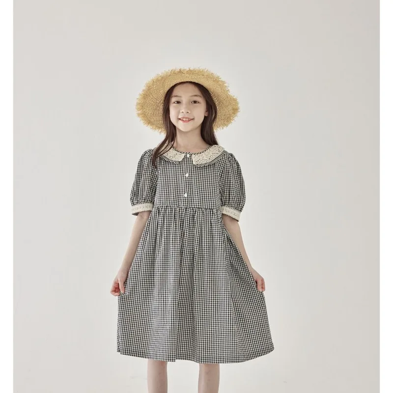 

100%cotton black white plaid dress for girls fashion Retro short sleeve dress children's Long Dress girls clothes 2024 summer