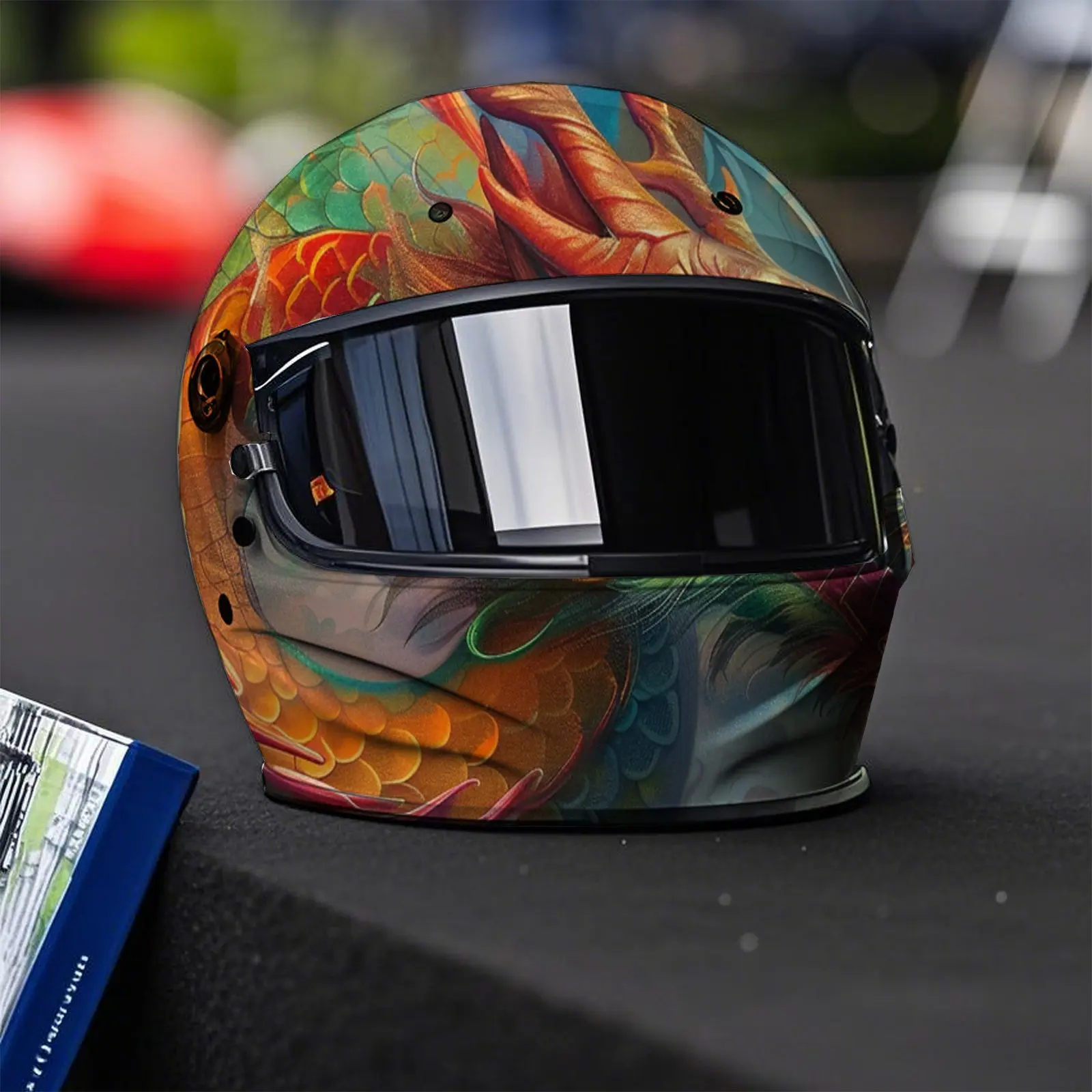 Dragão barbudo dourado em escala verde subindo alegre nos nuvens impressão adesivo envoltório de capacete completo capacete de motocicleta corrida graphi