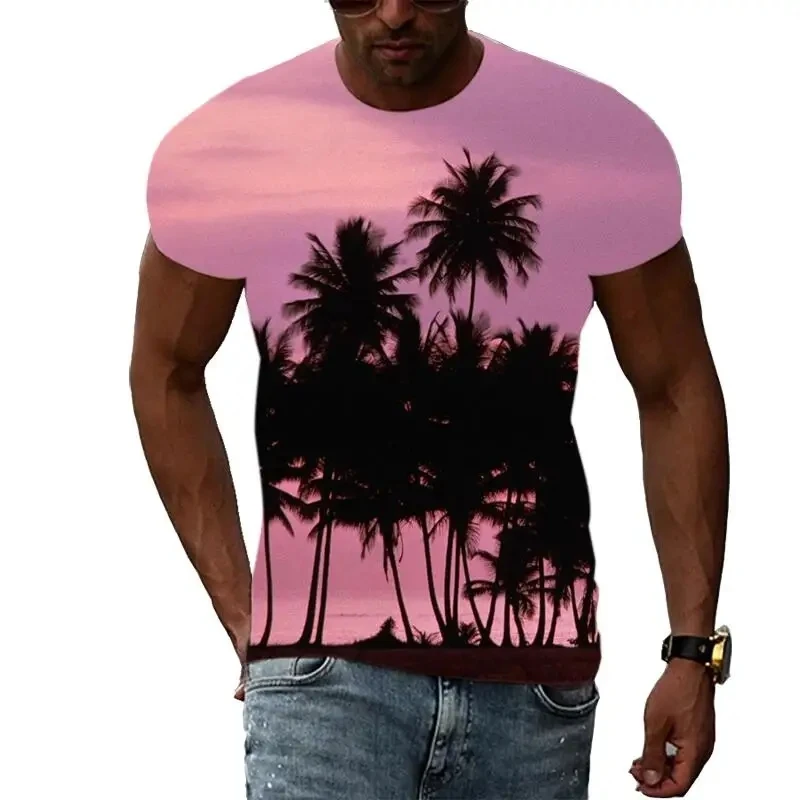 Summer New Men's Printed Natural Scenery Palm Tree Pattern T-shirt Hip Hop Harajuku Personalized Round Neck Short Sleeve Fashion