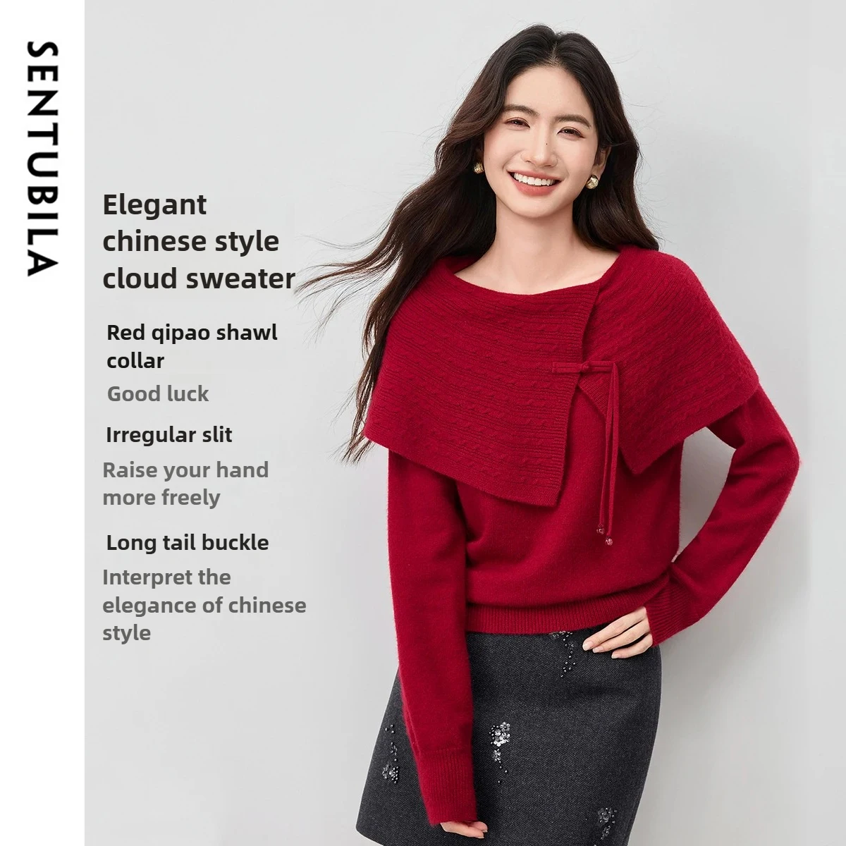 SENTUBILA Chinese Style Shawl Collar Sweaters Women 2025 Autumn Loose High Strecth Pullovers Knitted Elegant Jumpers W54EE4040