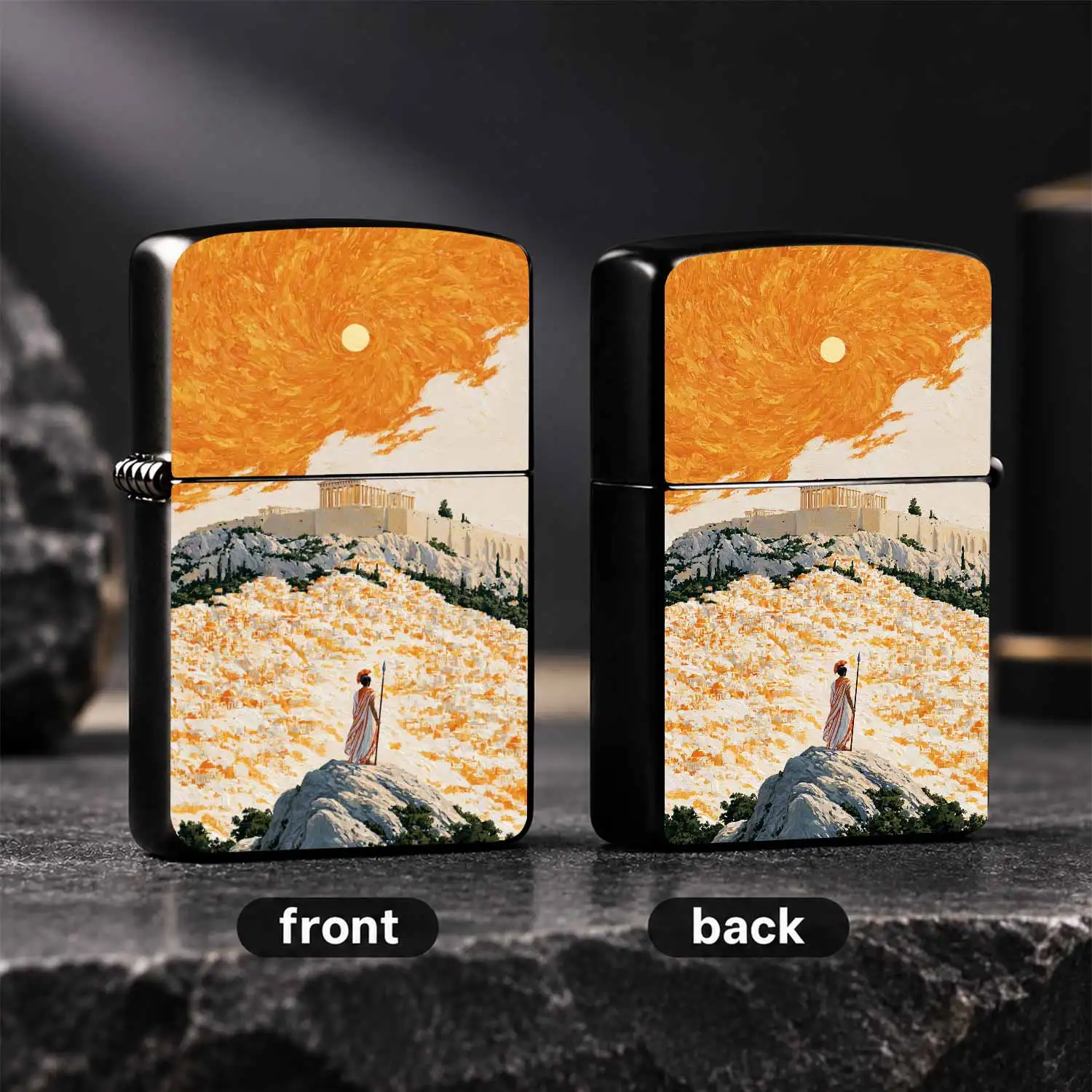 Creative Acropolis Greek Mythology Pattern Lighter, Impressionist Sun Oil Painting Art Craft, Portable Stylish Companion For Travel Camping Daily Use, Exquisite Themed Gift For History Art Lovers, Multi-Scenario Available Decorative Practic