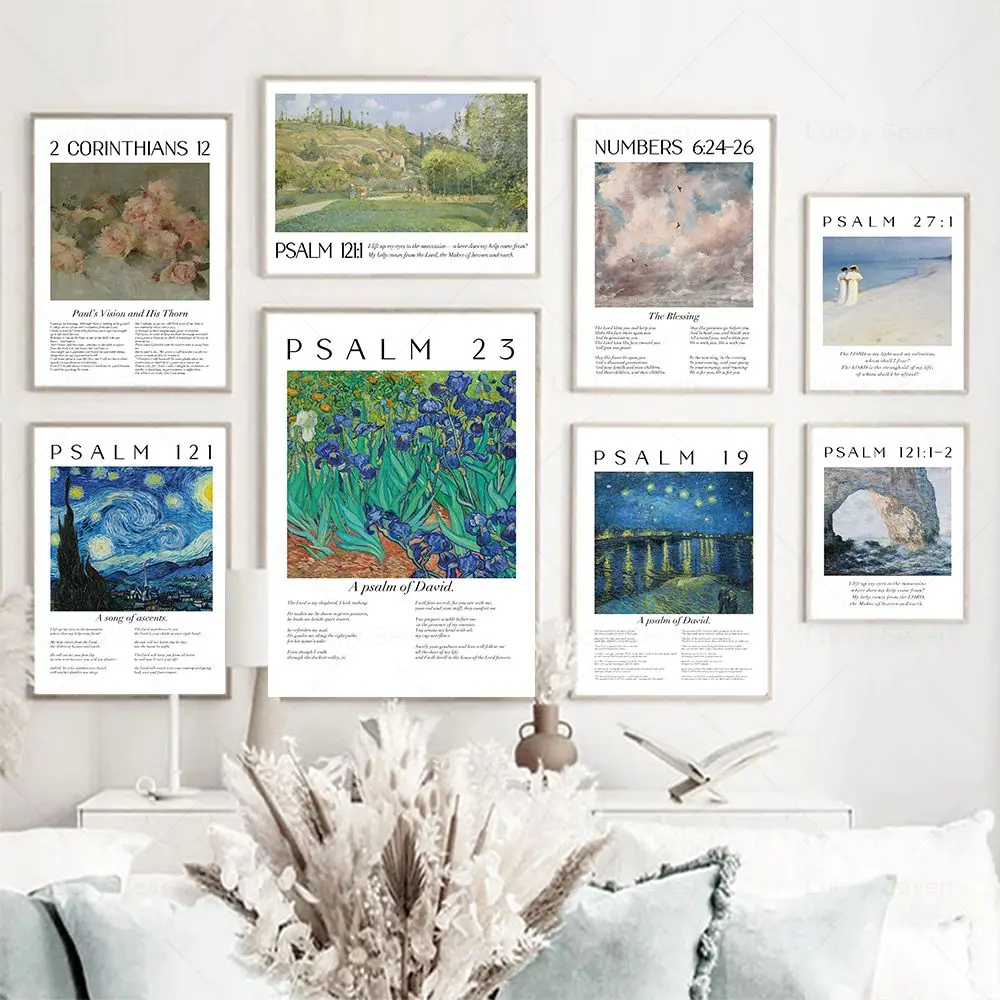 Scripture Psalm Collection Monet Van Gogh Famous Watercolor Painting Print Bible Verse Canvas Poster Christian Home Wall Decor