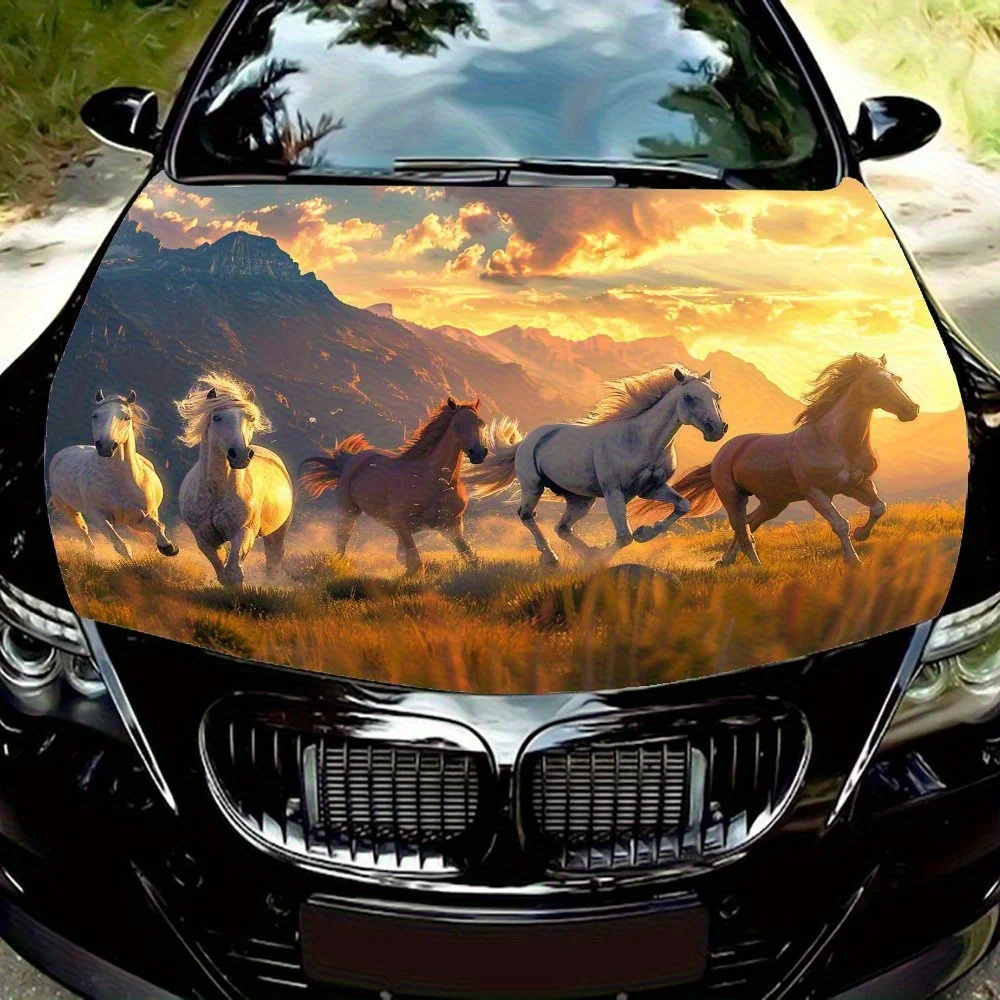 

A Herd Of Horses Running In The Morning Light Car Hood Wrap, Skull Car Hood Decal, Car Hood Sticker, Waterproof And Scratch Resi