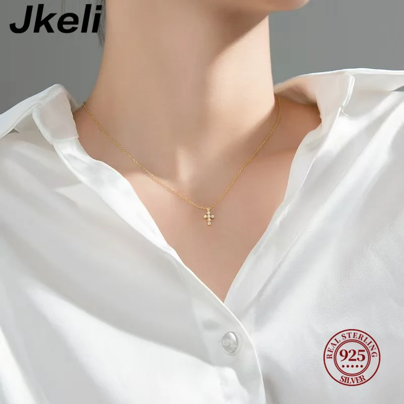 Jkeli S925 srebro 18K pozłacane Flash diamentowy naszyjnik z krzyżem damski łańcuszek do obojczyka eleganckie akcesoria jubilerskie