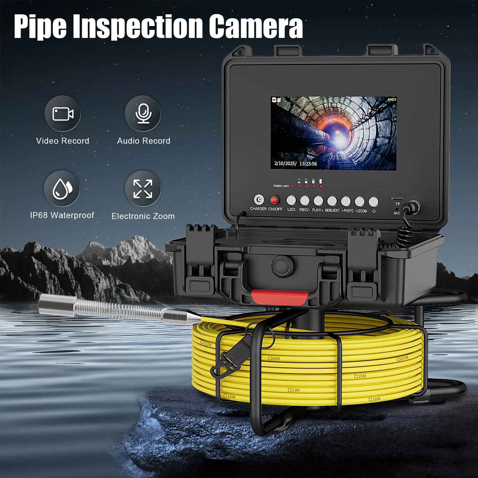 7 Inch Sewer Inspection Camera, 17MM Drain Piping Endoscope Camera IP68 Waterproof Industrial Sewer Camera with 12 LEDs 32GB DVR