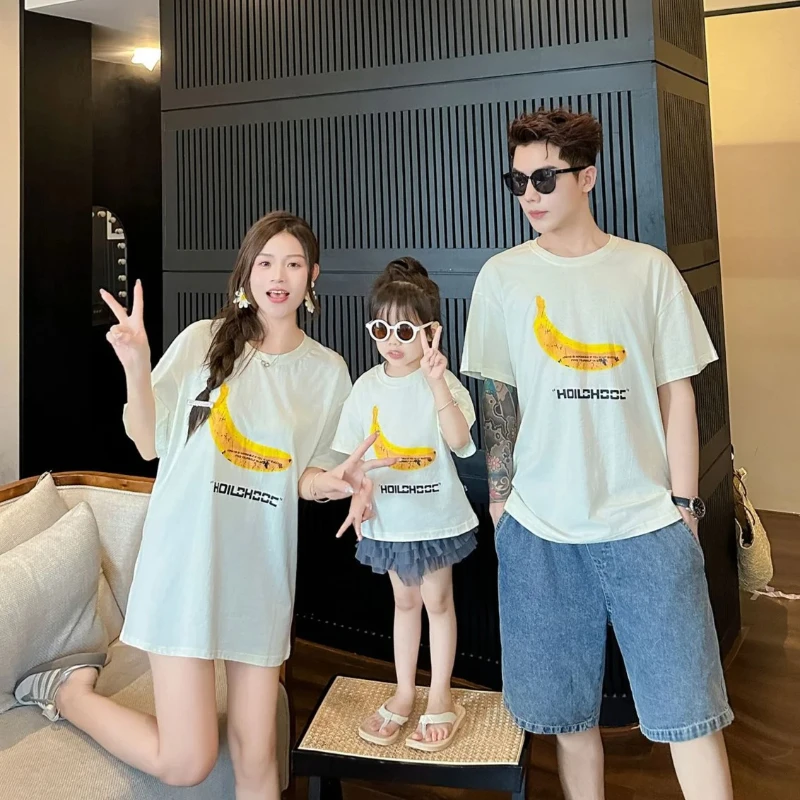 Funny Parent-childMom Dad and Daughter Son Banana Tops Baby Bodysuit Short Sleeve Tee Shirt for The Whole Family Cotton Clothes