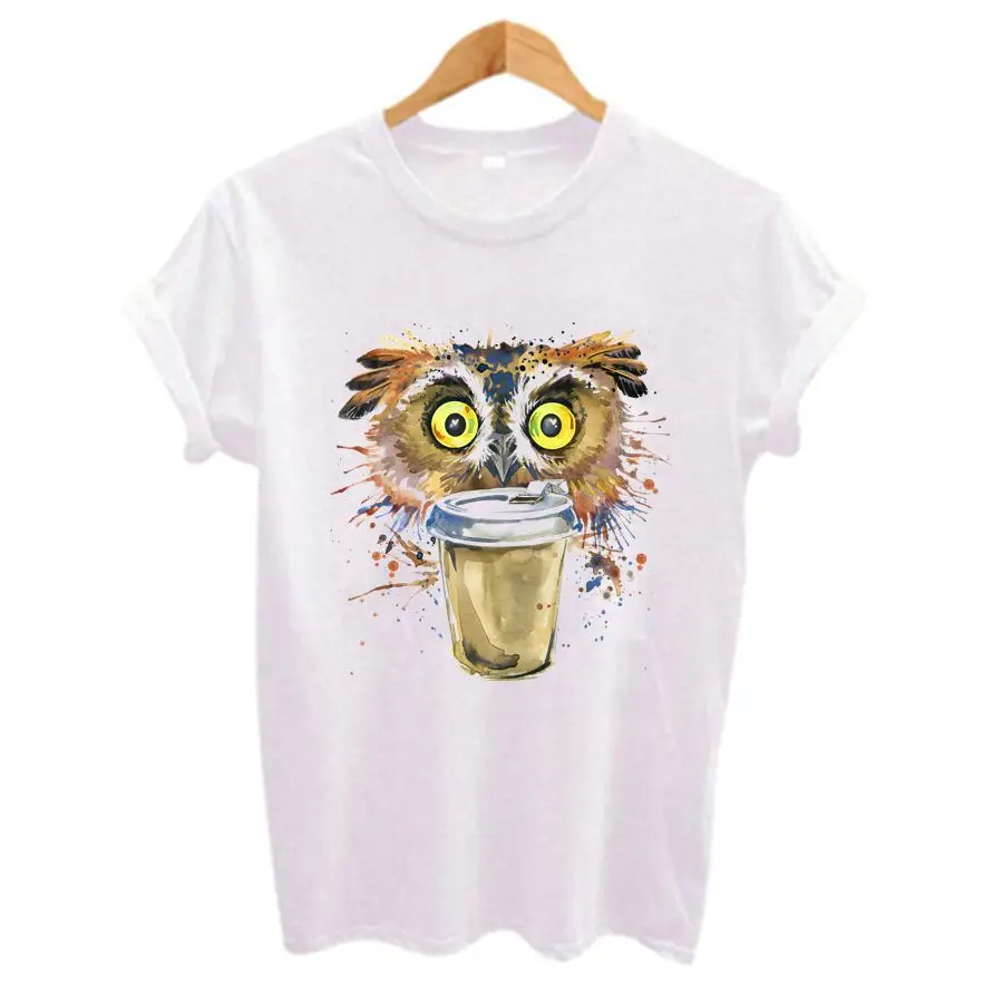 Fashion Women t shirt funny multicolour psychedelic owl Drink coffee Printed t-shirt O-neck Cool tee brand tee top