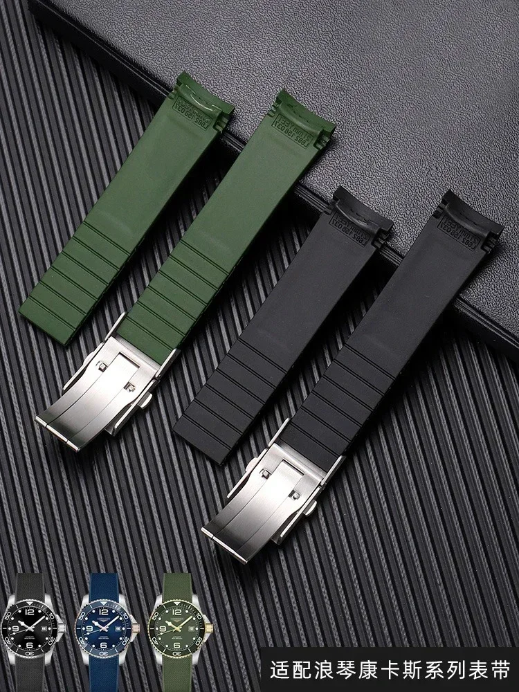 Curved End Rubber Watch Strap for Longines Conquest HydroConquest L3.781 642 742 782 Sports Diving Silicone Blue Watchbands 21mm view 3