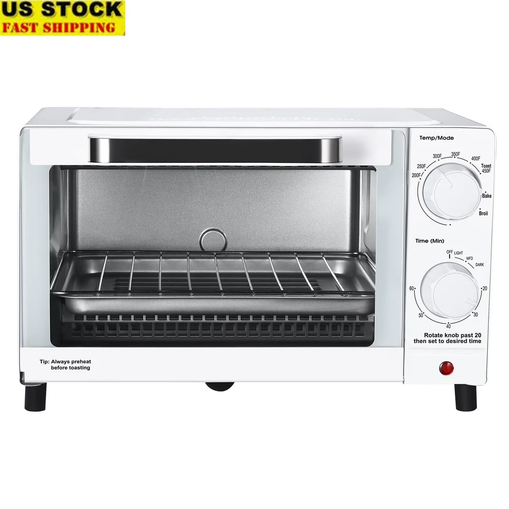 فرن تحميص 4 شرائح مع رف خبز ومقلاة 3 إعدادات توست بيتزا برايل مؤقت قابل للتعديل تصميم مدمج موفر للطاقة