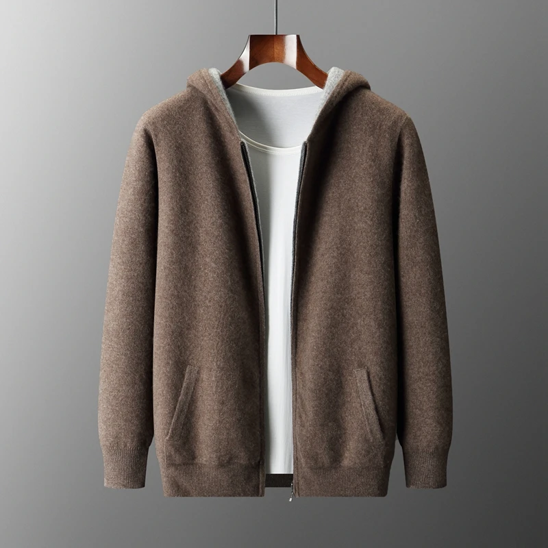 Autumn Winter Pure Cashmere Sweater Double-sided Cardigan Men's Casual Zipper Thickened Cashmere Knitted Hooded Sweater Coat