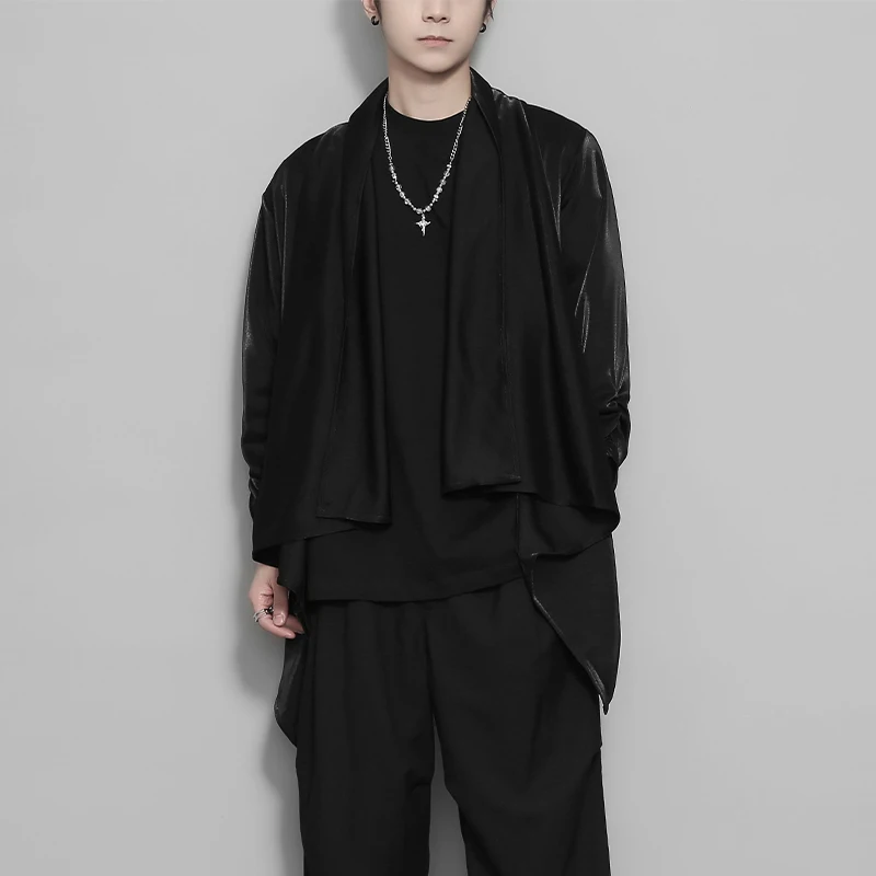 

Мужской модный кардиган оригинального дизайна с нестандартной драпировкой и блестящей текстурой, свободная повседневная модная верхняя одежда средней длины черного цвета с длинными рукавами