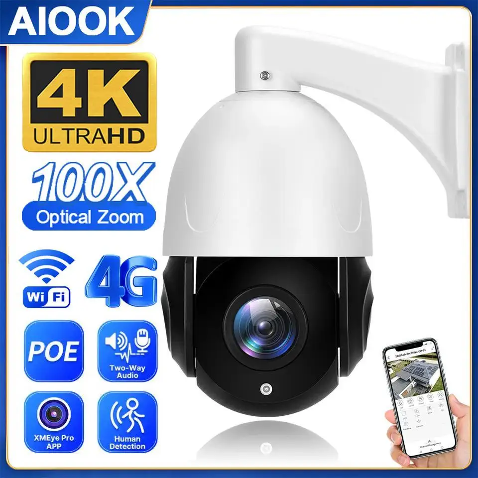 AIOOK-cámara de seguridad POE impermeable para exteriores, videocámara HD 4K con Zoom óptico 100X, visión nocturna, intercomunicador bidireccional, movimiento IP CCTV ONVIF