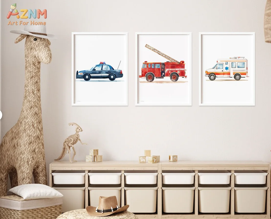 AZNM Emergency Vehicles Canvas Wall Art, Police Car Fire Truck Ambulance Watercolor Print, Boys Room Nursery Wall Decor, Unframe