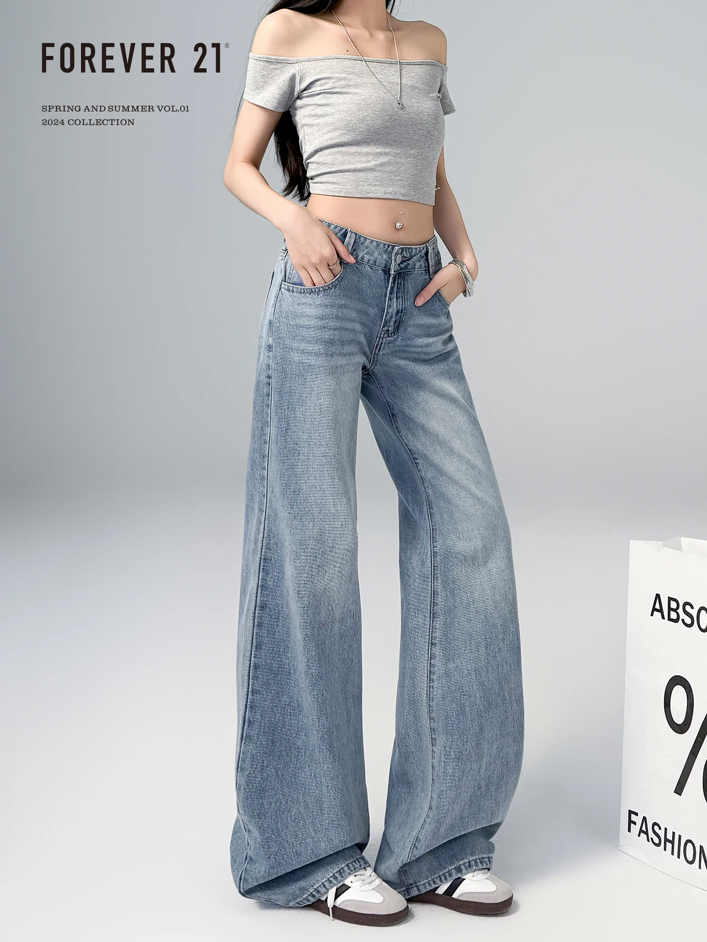 Forever 21 American Style Low Waist Loose Wide Leg Jeans Women's Retro Light Blue Straight Cut Jeans Pear Shape Drapey Pants