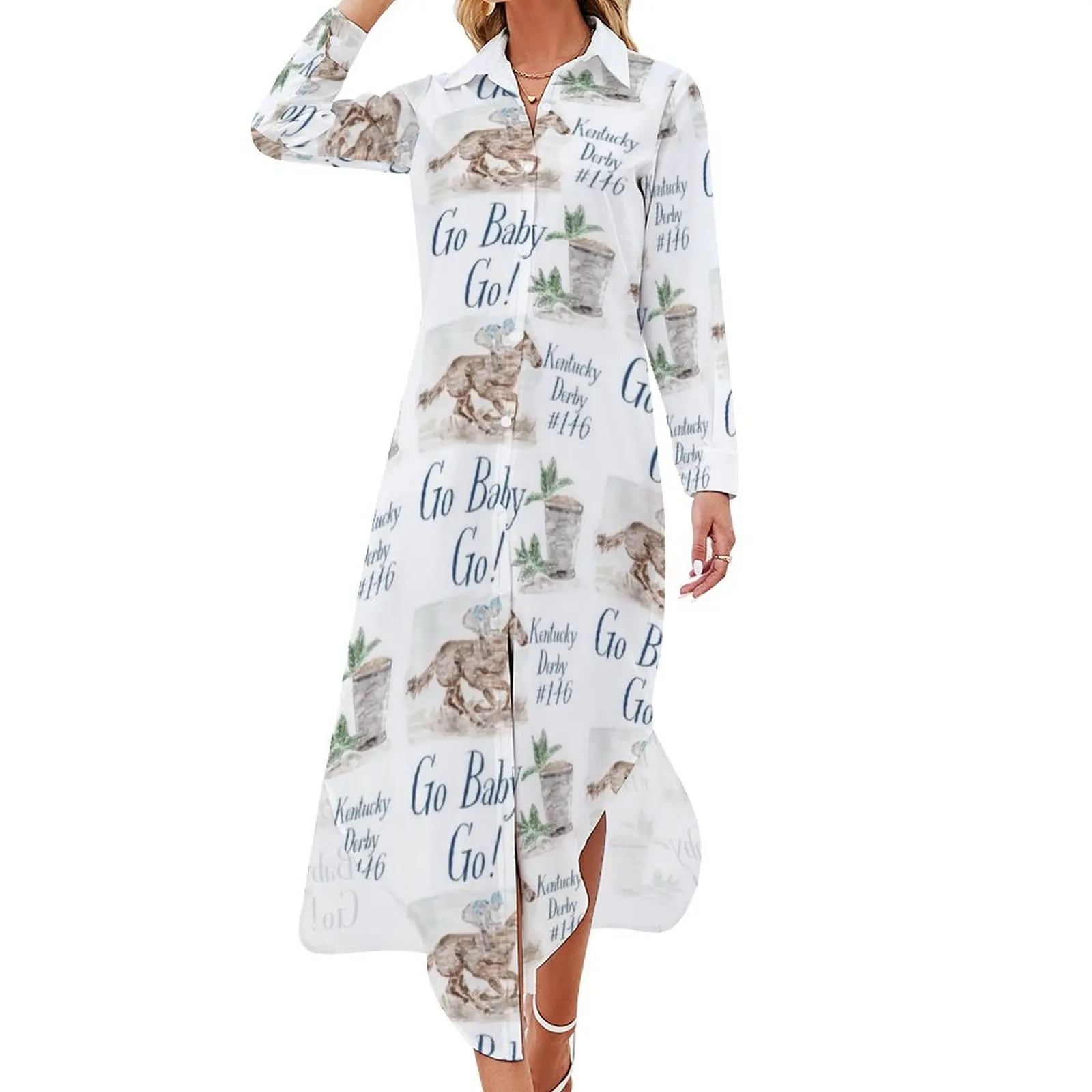 

Jockey on horse, Mint Julep, Kentucky Derby, 2020 Long Sleeved Shirt Dress evening dress woman women clothes