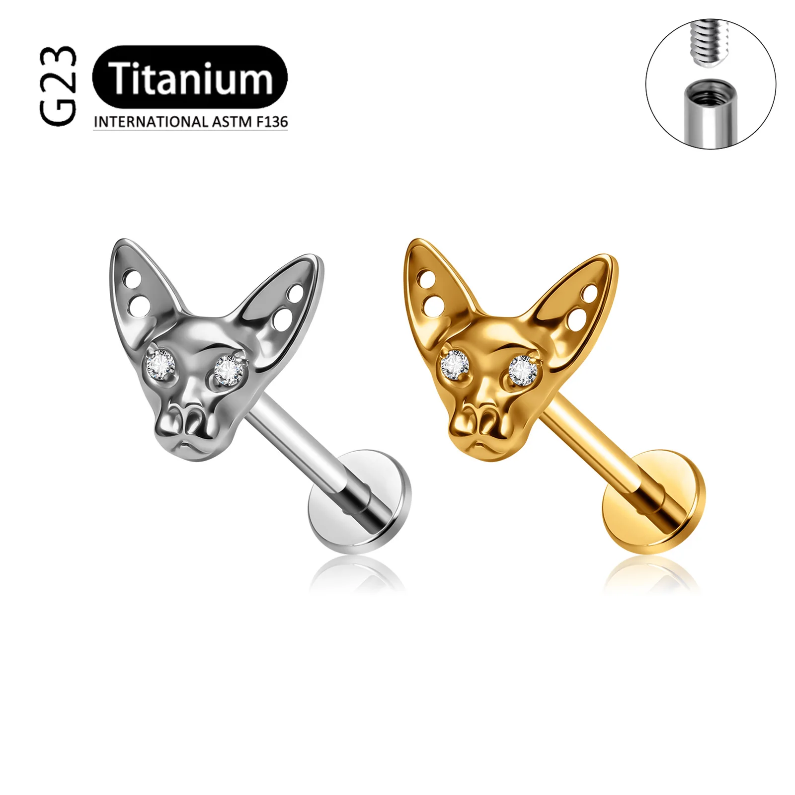 ASTM F136 G23 Titanium Sphynx Cat CZ Labret Stud 16G Internal Thread Lip Piercing Ear Cartilage Tragus Body Jewelry