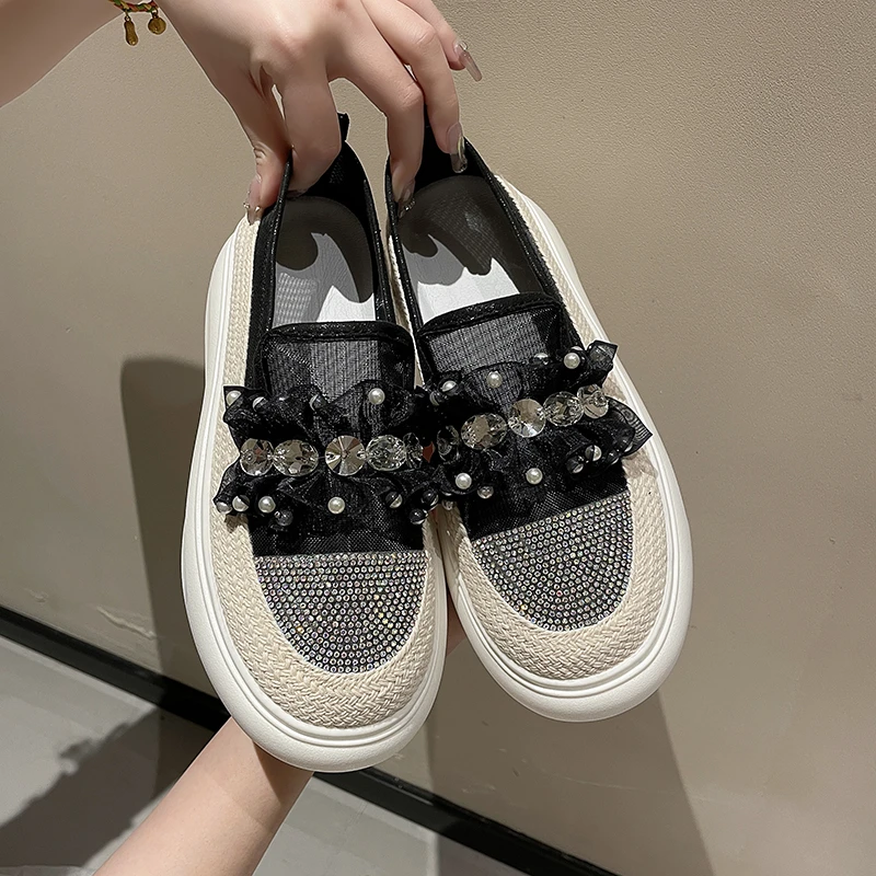 2025 جديد إمرأة لو فو أحذية سميكة سوليد لينة جوفاء شبكة حذاء مسطح المياه الماس الفاخرة تنفس أحذية رياضية Zapatillas Mujer #2