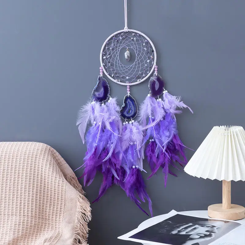 Nordic Dreamcatcher Gemstone Agate Wisząca ozdoba do domu Feather Dream Catcher Fioletowe akcesoria wewnętrzne Dekoracja ścienna