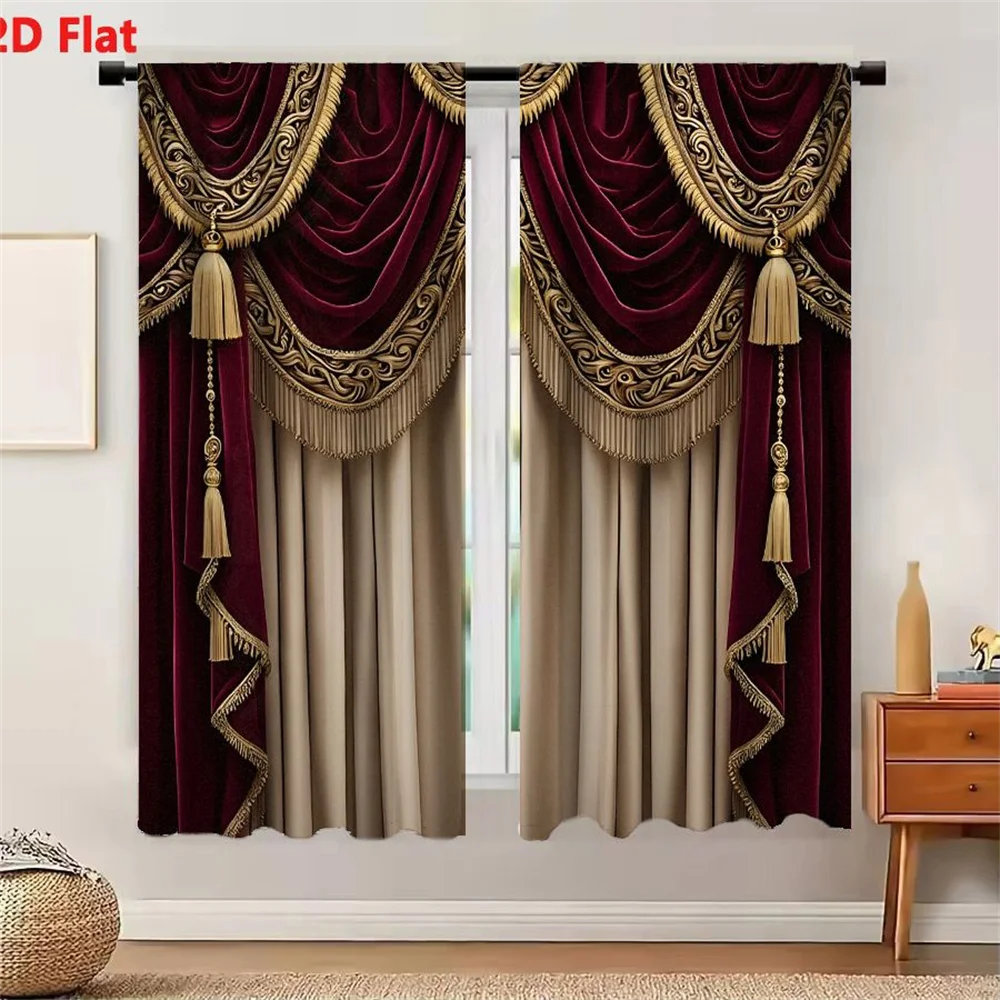 2Pcs Curtains Luxurious Burgundy Velvet Theater Curtain With Gold Embroidery And Beige Backdrop Window Drapes for Bedroom Room D
