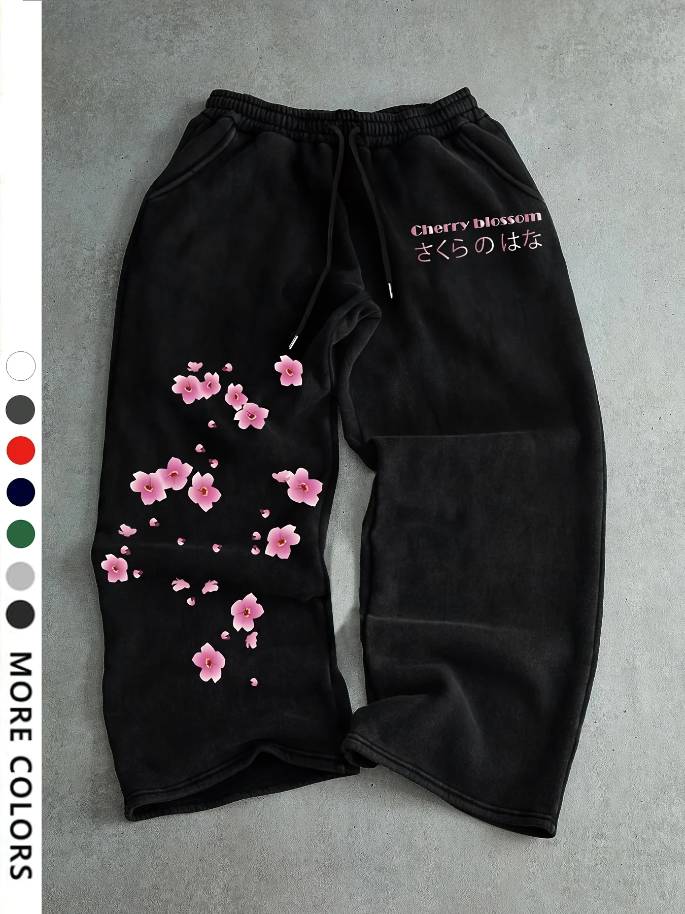 Men's Casual Sports Pants, Cherry Blossom Printed Sweatpants, Drawstring Wide Leg Casual Pants