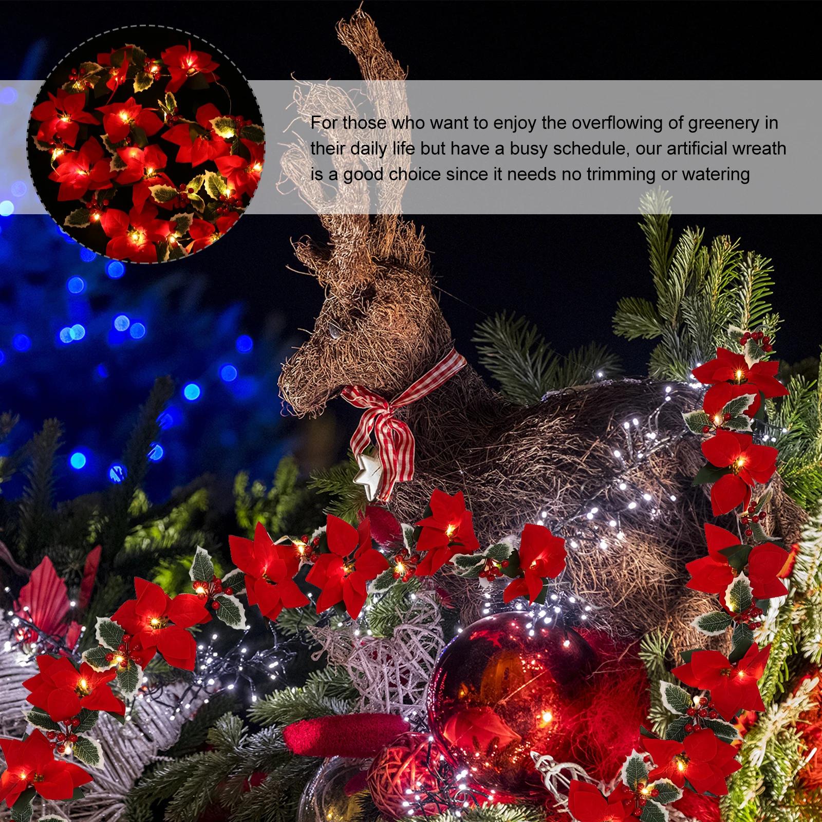 

Red Flowers Wreath With Lights Garland Lamp String Christmas Decorative Wreath For Party Diy Decoration Door Hanging Outdoor