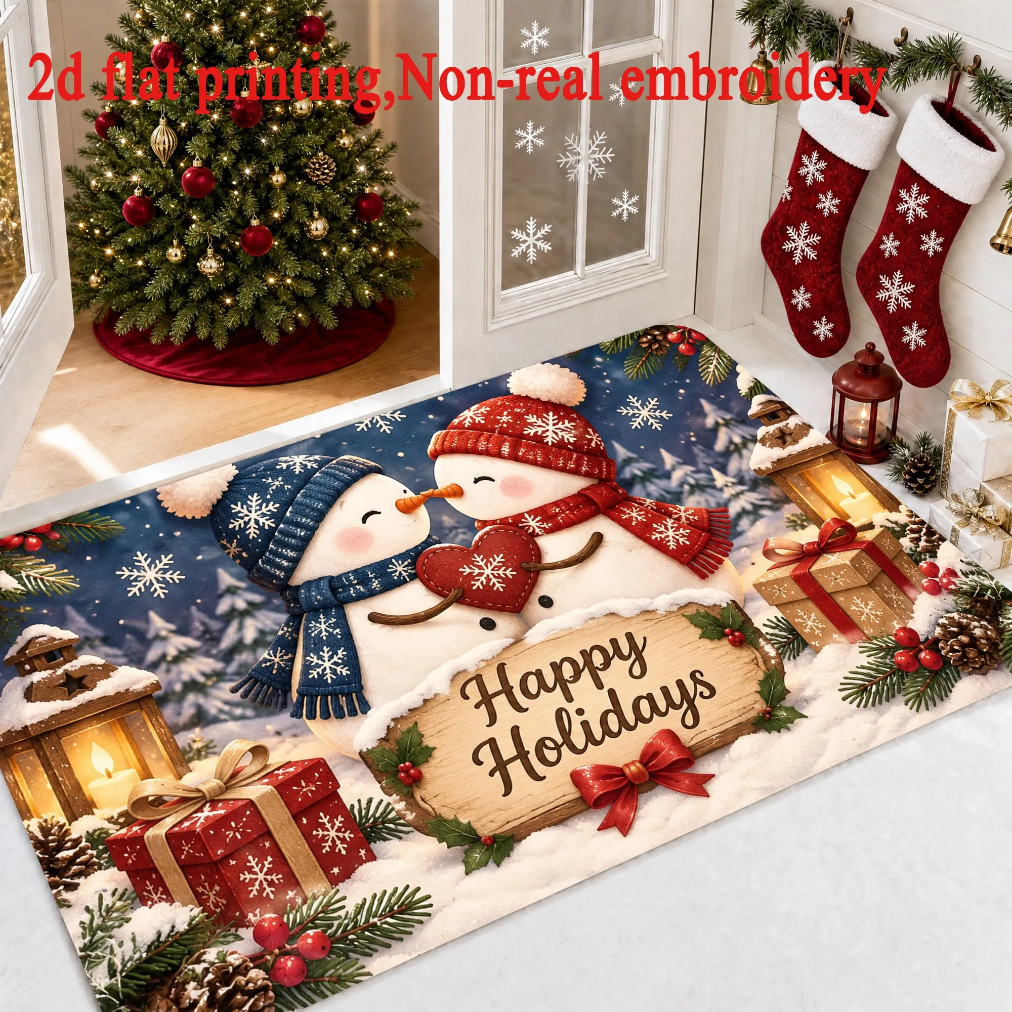 Merry Christmas Dark Green Tree House Rug Snow Star Village Pattern Floor Carpet For Entryway Xmas Home Party Decoration