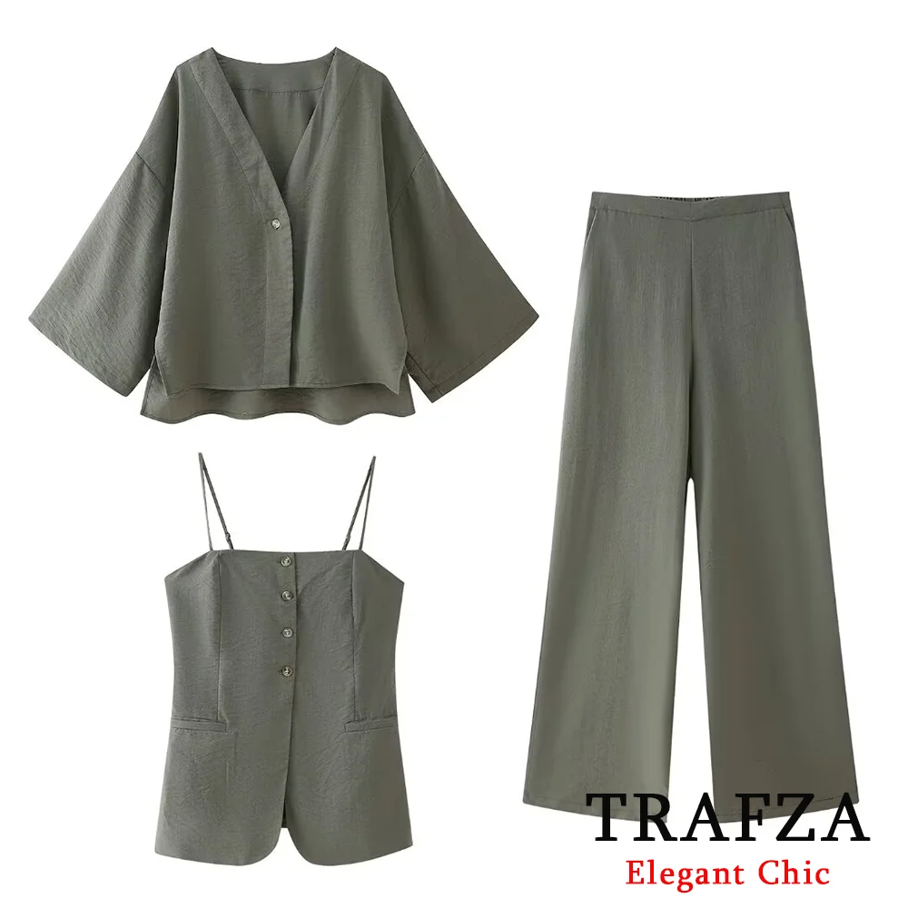 

TRAFZA Casual Basic Linen Halter Blouse 3 Piece Set Women Minimalist Camisole top Shirt and Trousers New 2024 Summer Fasion Set