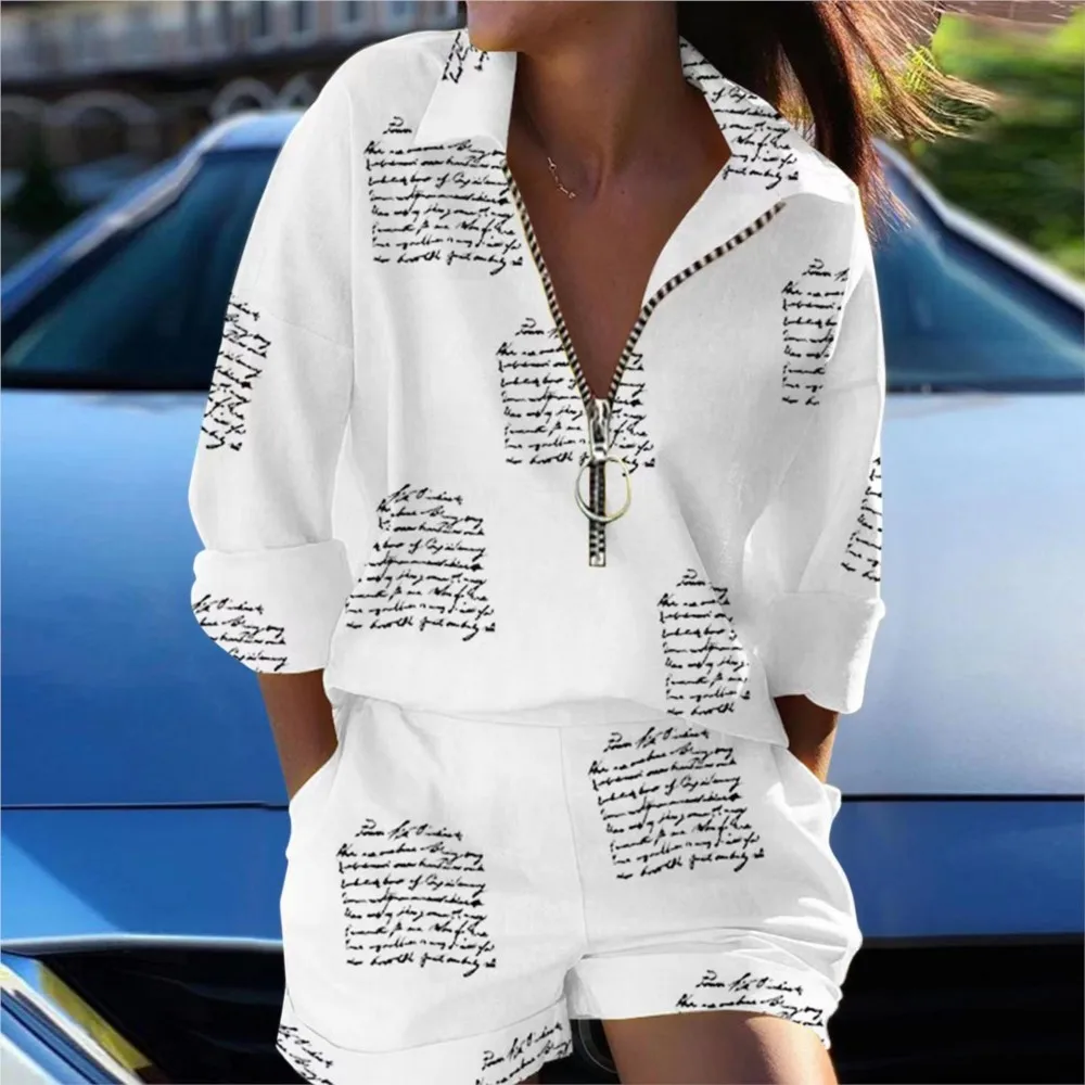 Fashion Printed Shirt T-shirt Long Sleeve Shorts Women\'s Suit Spring Summer Casual  Zipper Pullover Top Shorts 2piece Set Female