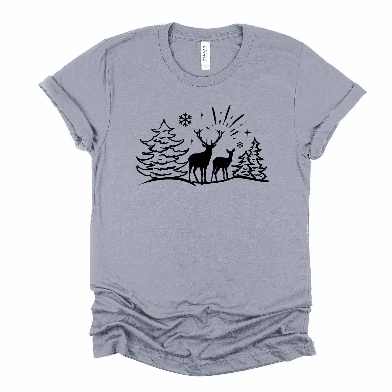 Christmas And Winter T Shirt Scene With Deer Snow Trees Design Premium Unisex 3 Color Choices Plus Size 3X 4X