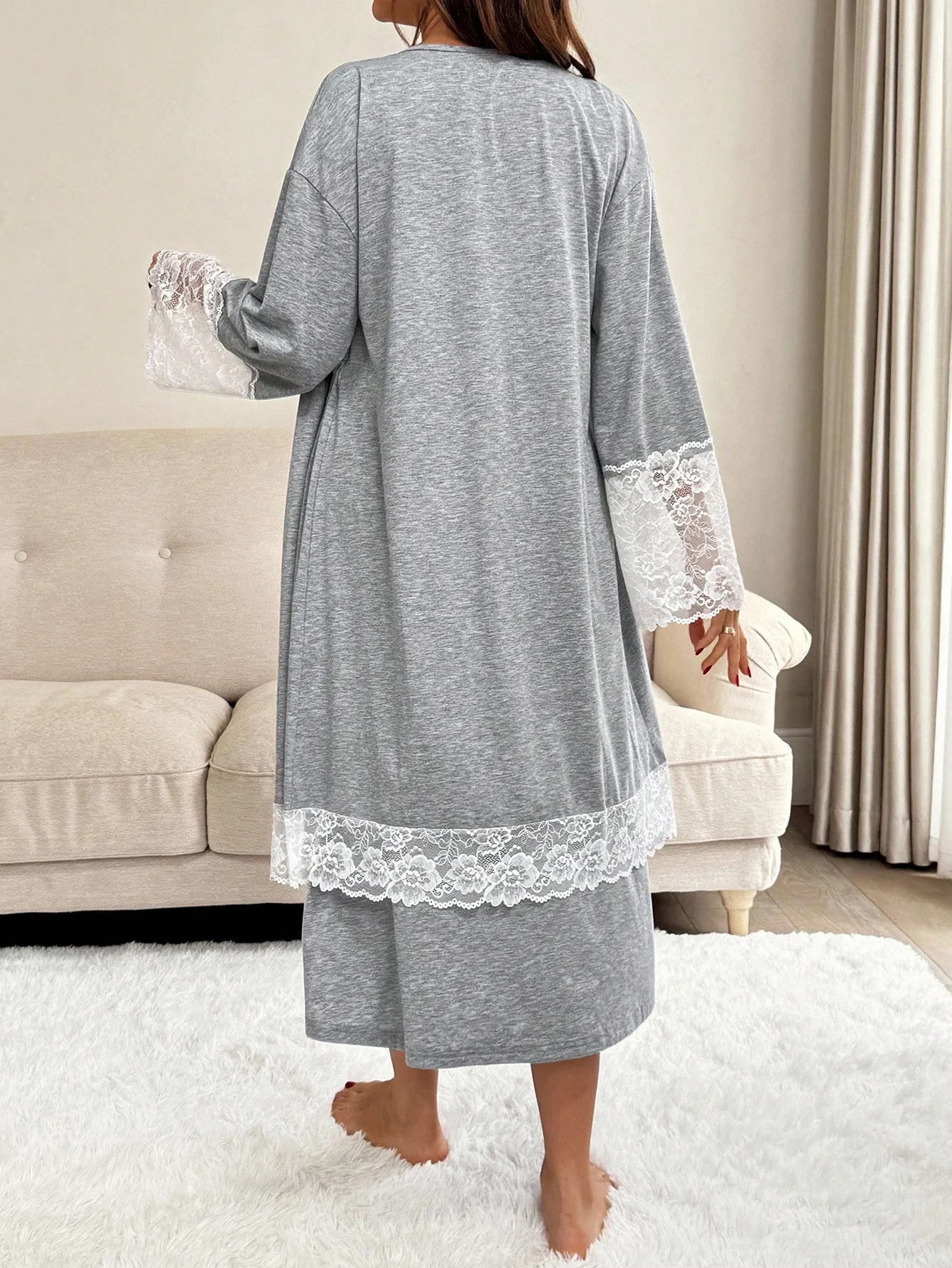 2-Piece Maternity Lace-Trimmed Long Sleeve Robe and Camisole Nursing Set