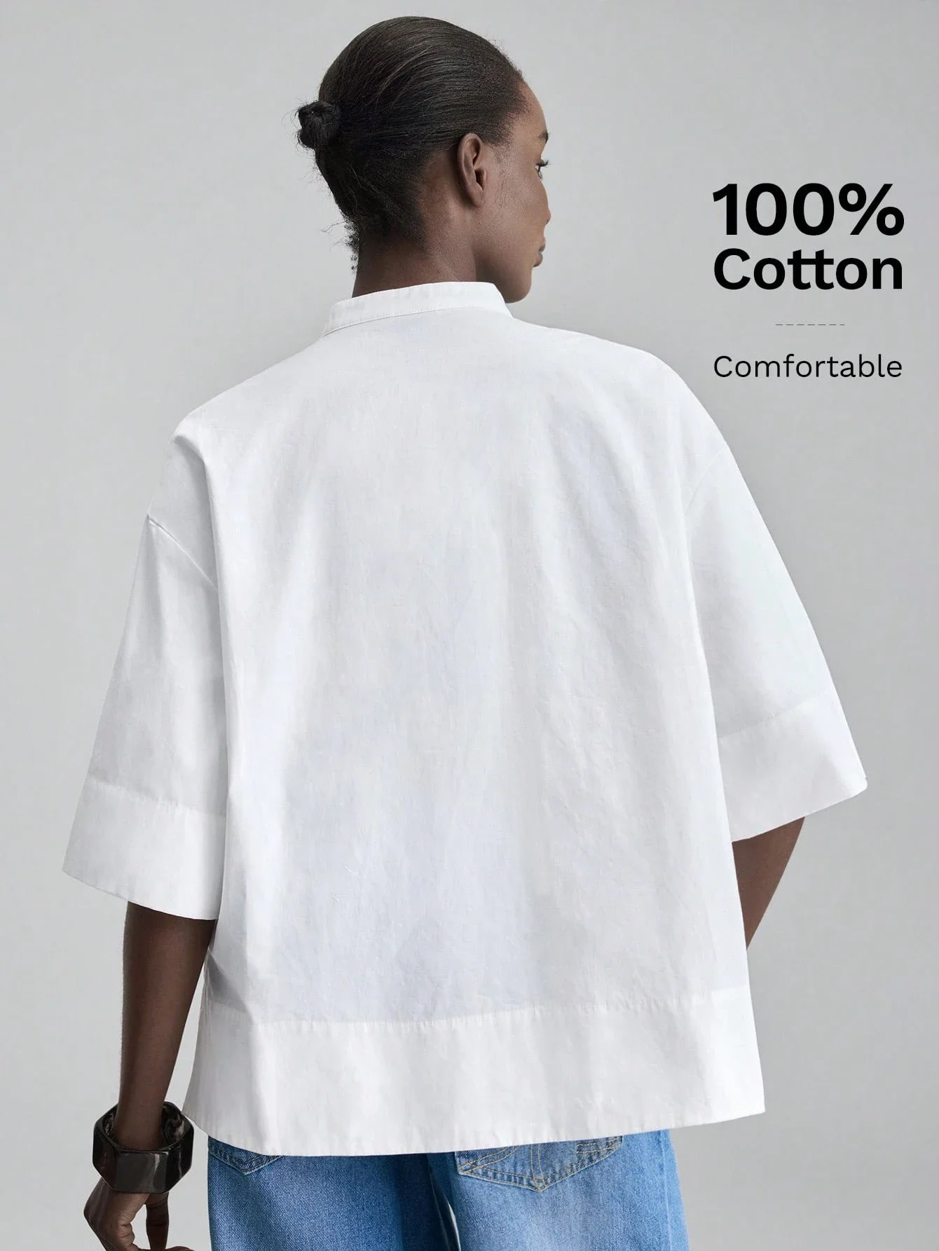 

Women's Loose Cotton Blouse With Mandarin Collar Three Quarter Sleeve Casual Office Wear