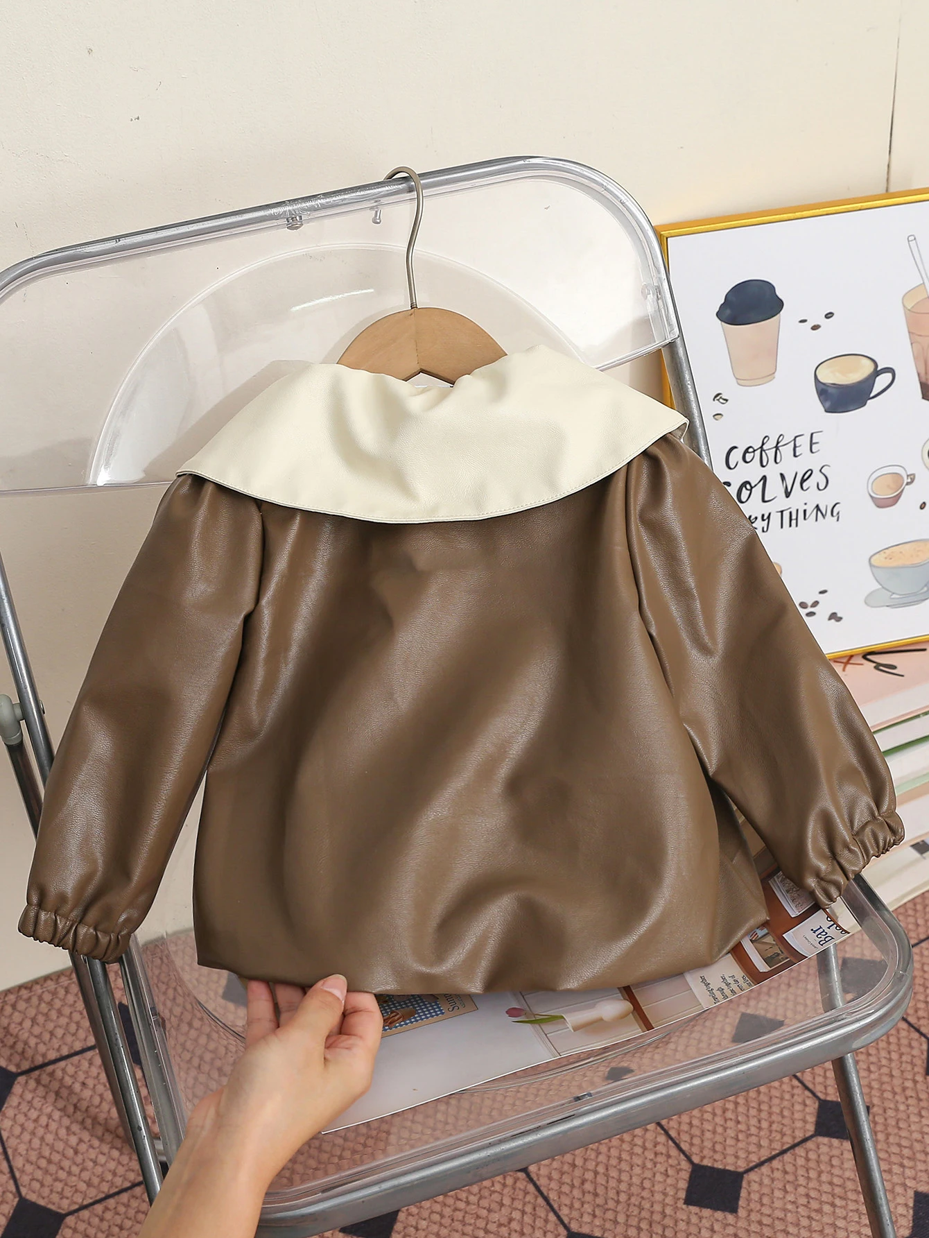Girls PU Leather Jacket Autumn Winter Vintage Caramel Color Large Collar Baby Girl's Outerwear for Fall And Winter Seasons 2