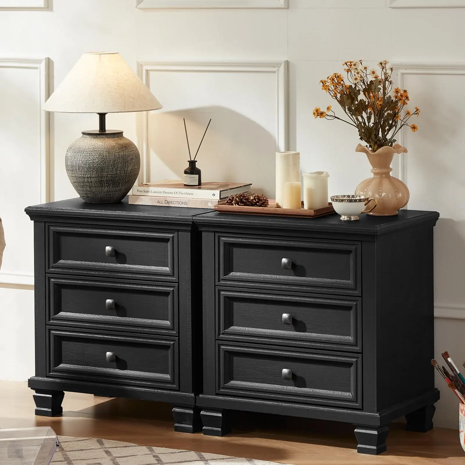 3-Drawer Nightstand Set of 2 with Solid Wood Legs, Black | Pair of three-drawer bedside tables with sturdy square wood