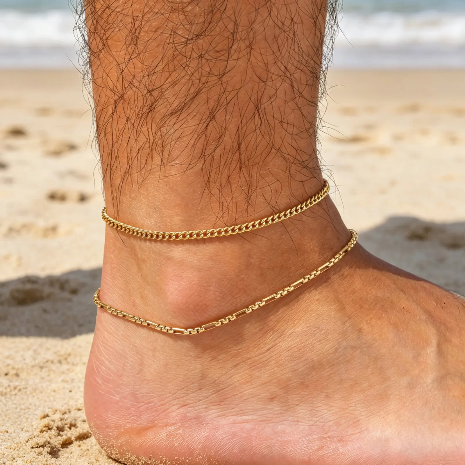 2 Stück Herren-Ketten-Fußkettchen, Hip-Hop Wasserdichtes Edelstahl Kubanisches Gliederarmband, Sommer-Strandschmuck für Jungen und Männer – Detail 8