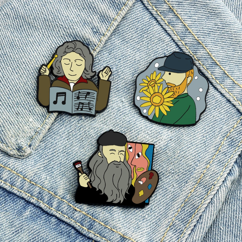 Cartoon Character Lapel Pins Beethoven Picasso Van Gogh Brooches Famous Artists Painters Musician Bag Enamel Badge Jewelry Gifts