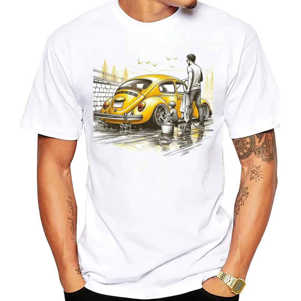 Dad and Baby Wash Car Together T-Shirt New Summer Fashion Cool Men Short Sleeve Retro Car Design T Shirt Hip Hop Boy Casual Tees