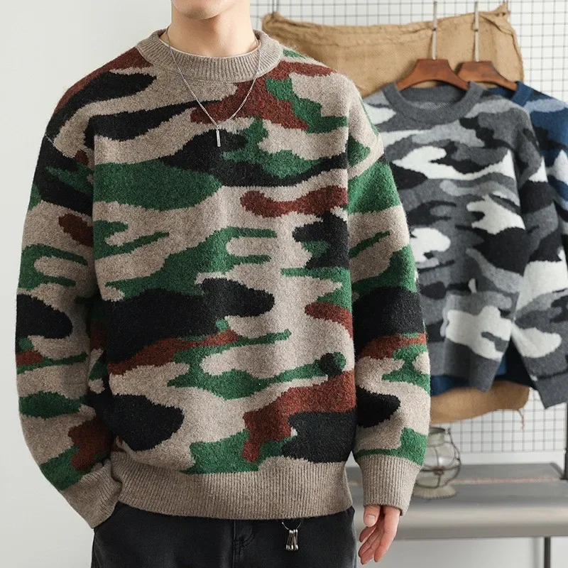 American Style Vintage Camouflage Knitted Top Men's Sweater Loose Fit Casual Trendy Fashionable Long Sleeve Crew Neck Sweater