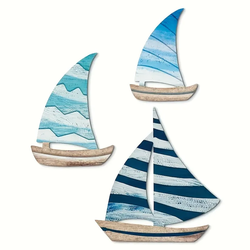 Arte de pared de velero de madera 2D de 3 piezas: decoración costera con impresión plana para el hogar, villa y cafetería, diseño de interiores estilo playa de verano