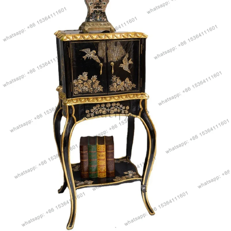 

French Chinese style living room double door decorative cabinet birch gold hand-painted flower and bird cabinet