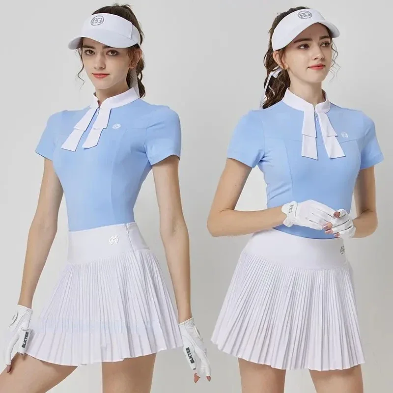 Blktee New Woman Breathable Golf Shirt with Bow Tie Short Sleeve T-shirt Lady Elastic Pleated Golf Quick Dry Skirt Elegent Suit