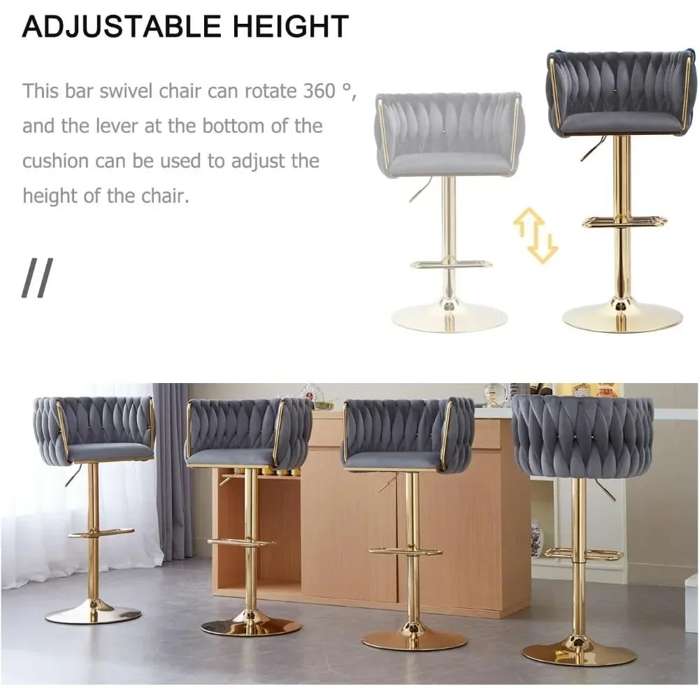 Velvet Bar Stools Set of 4 - Modern Adjustable Swivel Counter Height Chairs with Woven Back, Kitchen Island Chairs