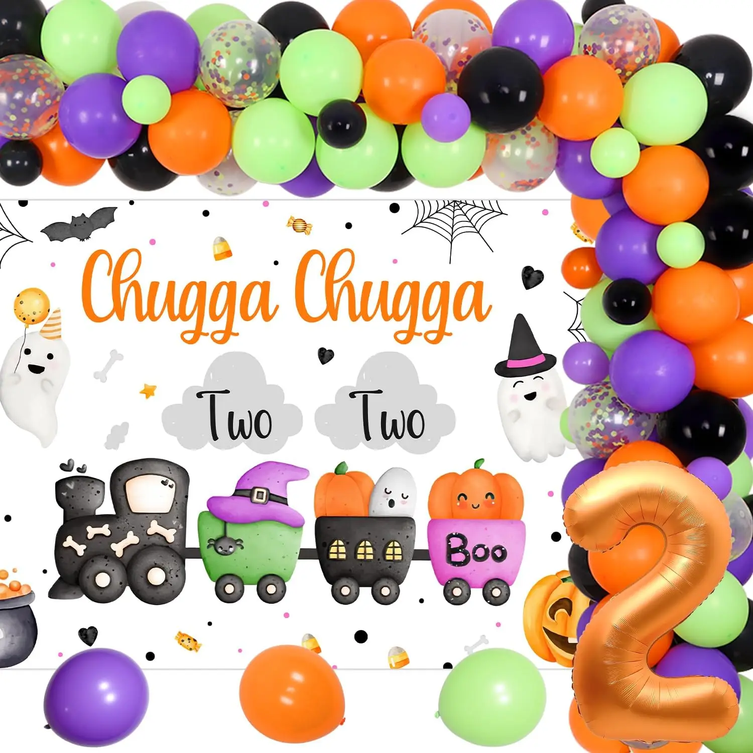 

Funmemoir 71Pcs Halloween Chugga Chugga Two Two Birthday Party Backdrop Orange Black Balloon 2nd Birthday Party Decor Supplies