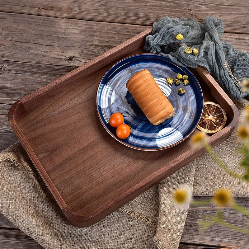 HeMu High Quality Black Walnut Mortise And Tenon Rounded Corner Tray Square Handheld Solid Wood Tray Hotel Home Fruit Tray