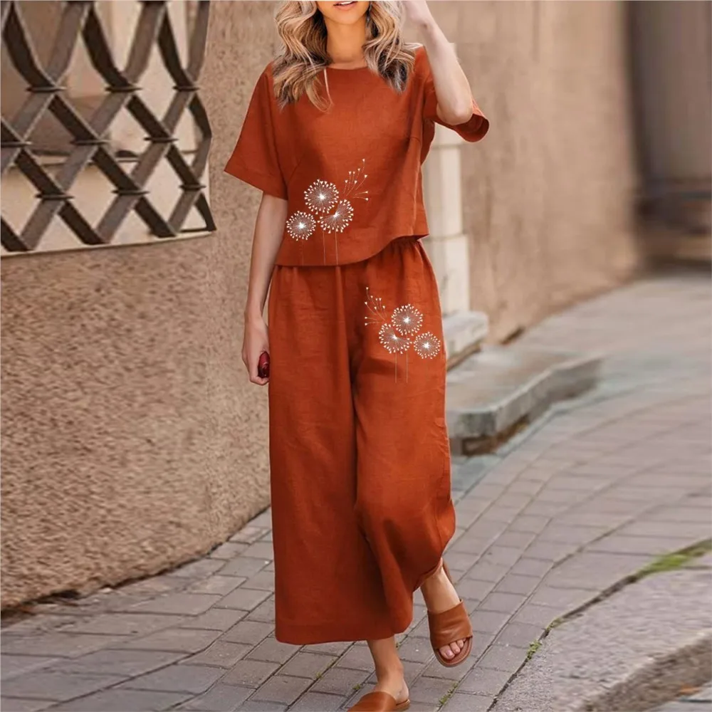 Casual Loose Round Neck Pullover Shirt Wide Leg Pants Two-piece Set 2024 New Solid Color Short Sleeved Butterfly Print Outfits